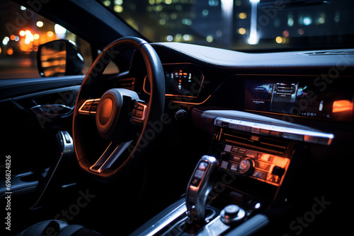 Car interior design with illuminated dashboard at night. Generative AI photo