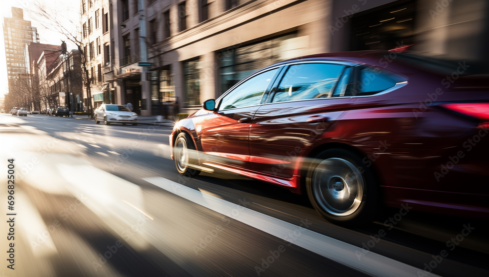 High speed motion elegant luxury car driving in city. Generative AI