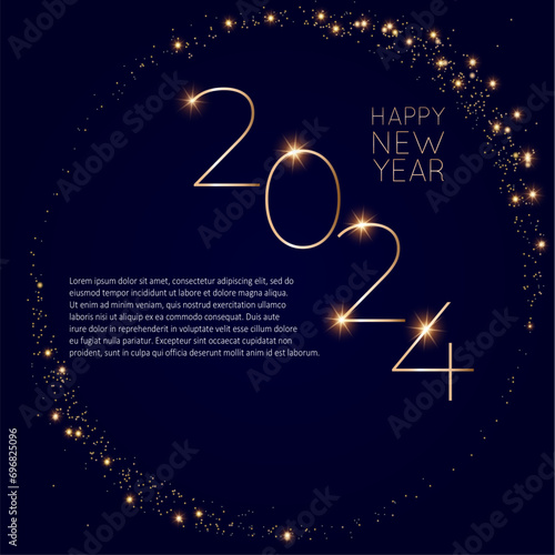 Happy new 2024 year. Elegant gold text with light. Minimalistic text template.	
