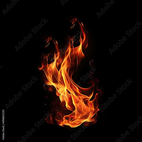 Fierce flames on black background. Captivating image showcases raw intensity of fire dance. Flames painted in vibrant shades of red orange and yellow leap and twirl with unrestrained energy