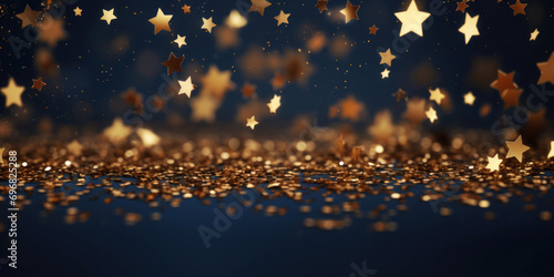 Golden stars on dark blue background with bokeh effect