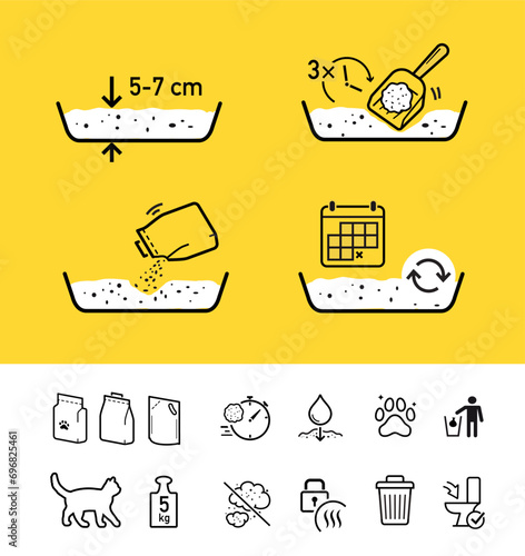 Set icons for cat litter. The outline icons are well scalable and editable. Contrasting elements are good for different backgrounds. EPS10.	