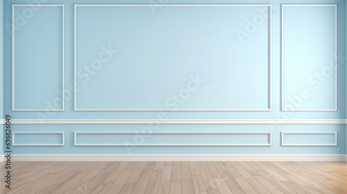 Elegant empty room with light blue tall walls. Frame wall molding decorating. Wooden floor. Copy space. Generative AI photo