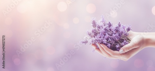 Woman holding lavender bouquet with soft focus background. Aromatherapy and natural products.