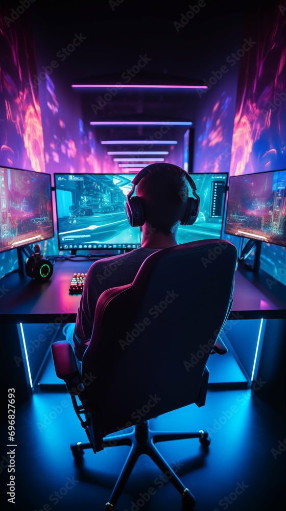 Unrecognizable man playing professional videogames with headphones. Generative AI.