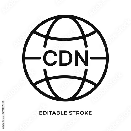 Content delivery network icon in the form of a globe. Abbreviation CDN. Isolated vector illustration. Editable stroke.