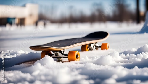 skateboard lies on the snow