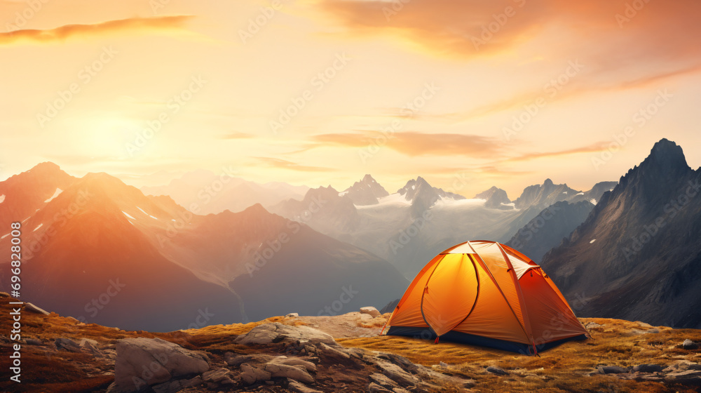 Camping tent high in the mountains at sunset. banner