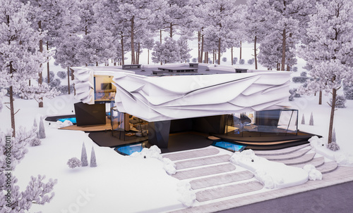 Wallpaper Mural 3d rendering of cute cozy modern house with bionic natural curves plastic forms with parking  and pool for sale or rent with beautiful landscape. Cool winter evening with cozy light from windows Torontodigital.ca