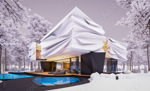 3d rendering of cute cozy modern house with bionic natural curves plastic forms with parking and pool for sale or rent with beautiful landscape. Cool winter evening with cozy light from windows
