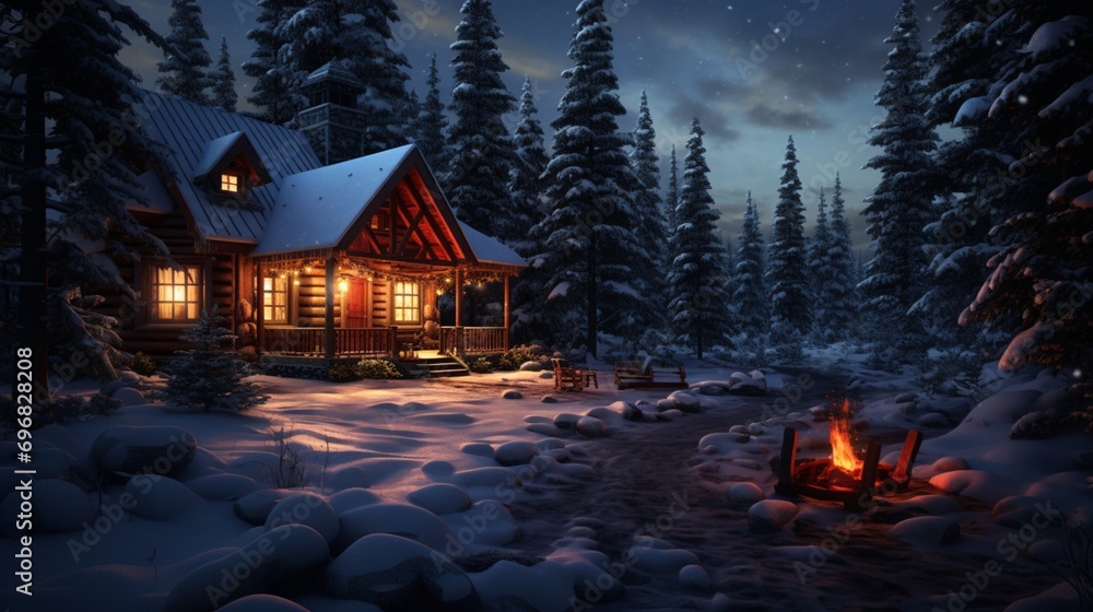 A cozy, candle-lit cabin tucked away in a snowy forest, the warmth inside inviting amid the wintry night of New Year's Eve