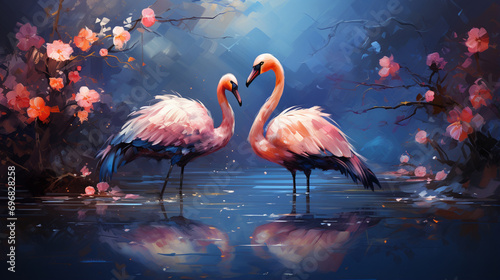 Two flamingos couple standing in lake. Generative Ai