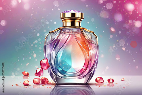 Sparkling vector perfume bottle template. Glittering colorful backdrop for stunning cosmetic advertising designs. Elevate your brand with this illustration.