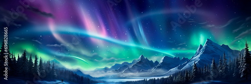 winter sky filled with celestial phenomena, such as shooting stars and a mesmerizing aurora borealis