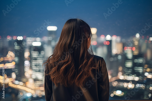 도시 야경을 바라보는 여성의 뒷모습