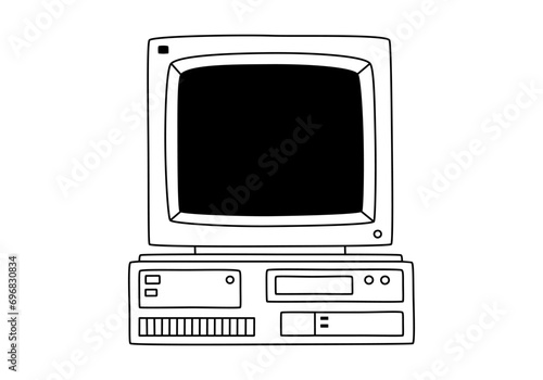 Hand drawn cute outline illustration of retro computer. Flat vector old pc sticker in line art doodle style. Vintage office or programmer device icon or print. Information technology. Isolated.