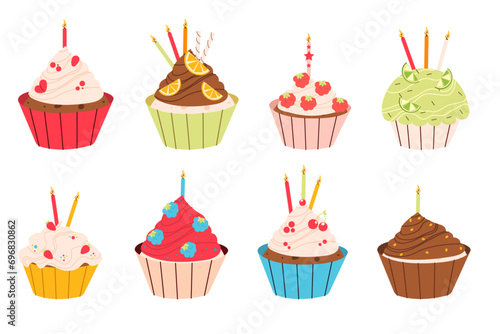 Flat vector illustration set of festive pancakes with candles on a white background, bakery products, cupcakes. Happy birthday greetings.