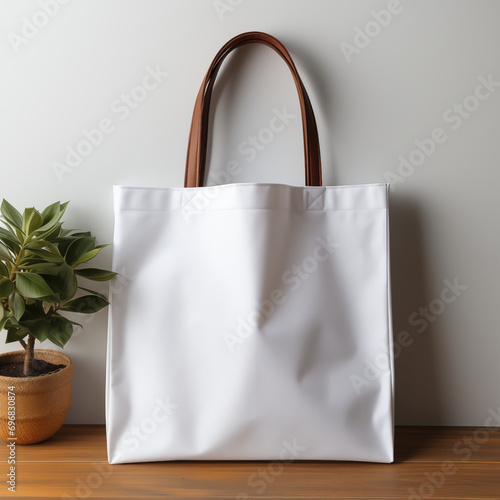 벽에 기대어 놓여있는 에코백 목업과 화분