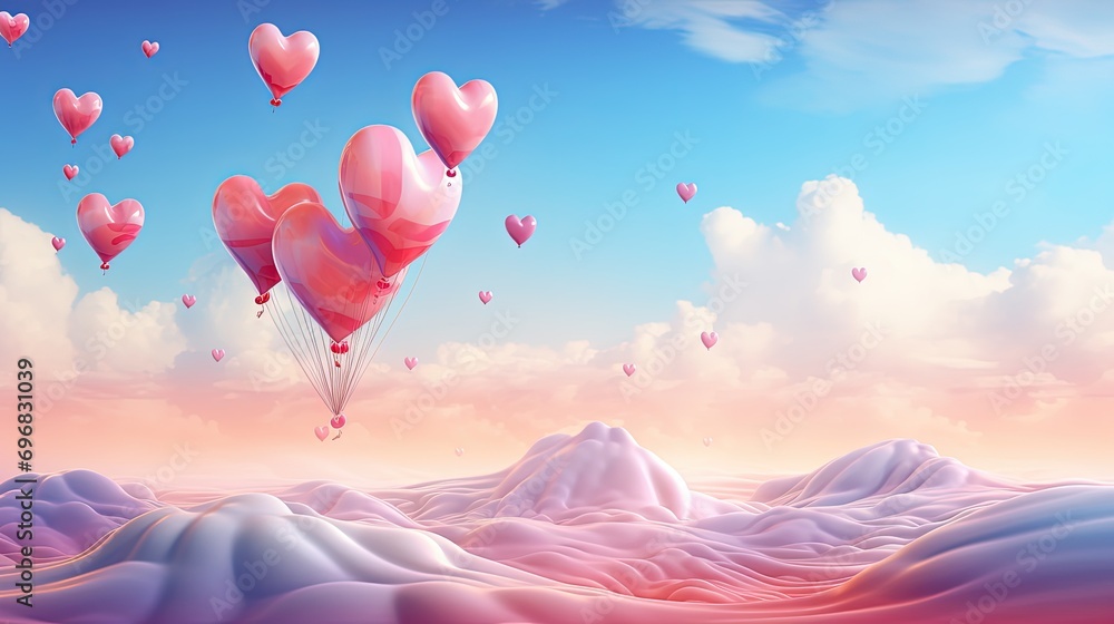Fototapeta premium valentine day greeting card with hearts in the air, in the sky blue and pink background copy space