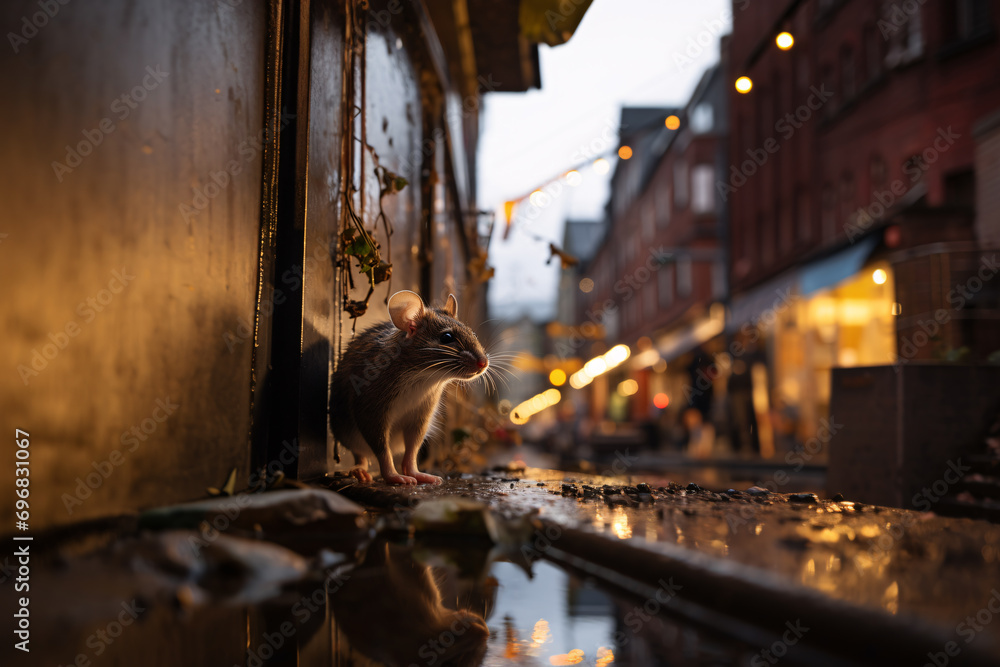 Urban rat exploring a bustling city alley at dusk.