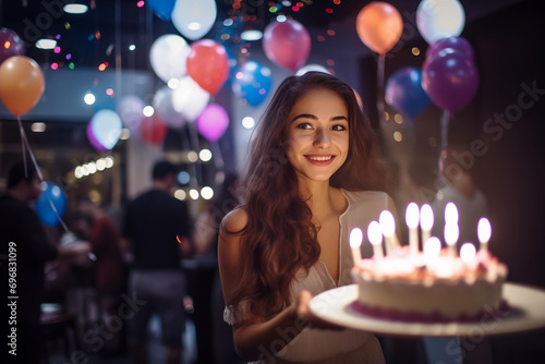 생일 파티 케이크를 들고 있는 여성