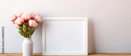 Fototapeta Naklejka Na Ścianę i Meble -  Mockup with empty frame and vase with peonies flowers. Still life composition. Copy space. Generative AI
