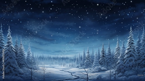 A frost-kissed landscape under a moonlit sky, where the silhouettes of trees stand tall, adorned with tiny lights creating a magical winter wonderland,A Journey into Winter's Pristine Embrace.