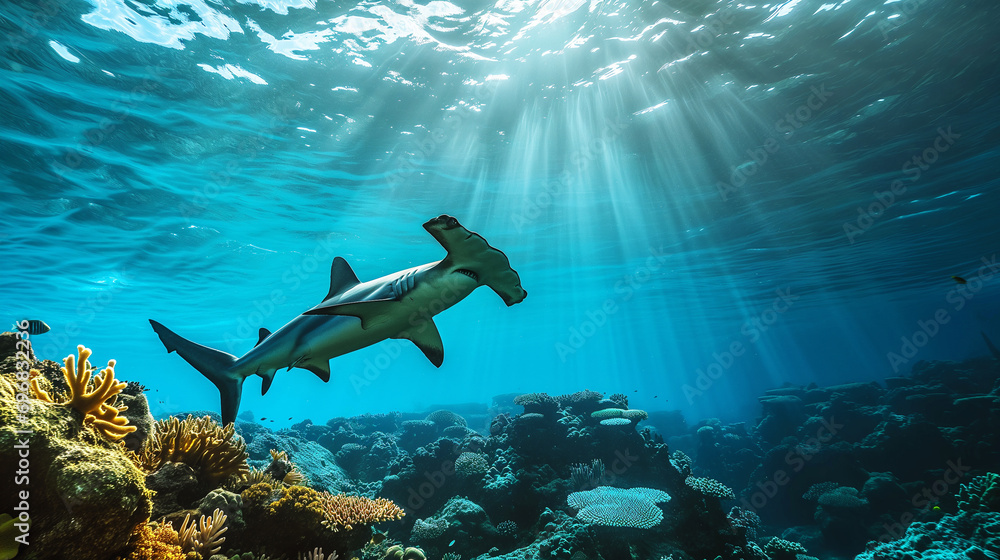 A hammerhead shark swimming over a coral reef in the blue sea Stock Photo Adobe Stock