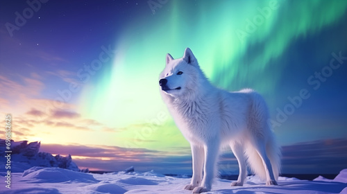 An arctic wolf standing in the snow, the norther lights (aurora borealis) on the sky