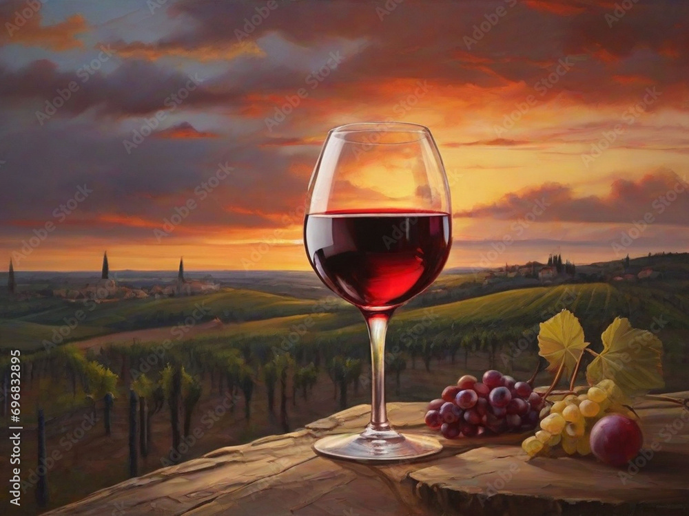 Glass of red wine at sunset