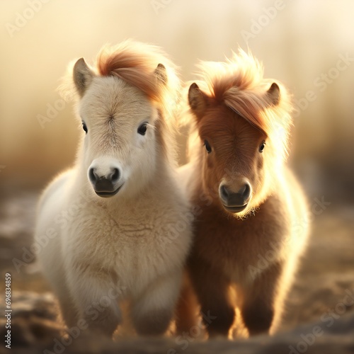 Two small fluffy brown and white pony horses on muddy ground, blurred yellow field background