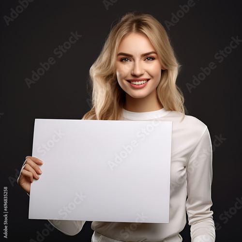 A woman with a smile is holding a white board