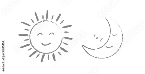 Sun and moon icon on white background. Cute sun and moon smiling cartoon characters. Moon sleeping. Vector illustration