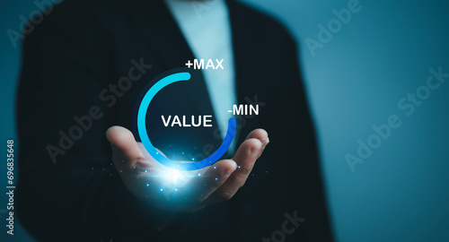 Quality control management, benefit growth and development in business.Growth value,Businessman holding virtual process icon progress for increasing value added to business product concept
