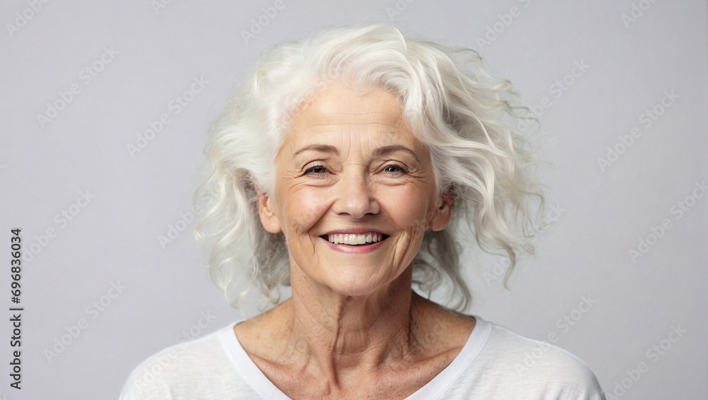 Isolated Background, Old American Woman Smiling with Graying Hair and White Teeth, Studio Shot