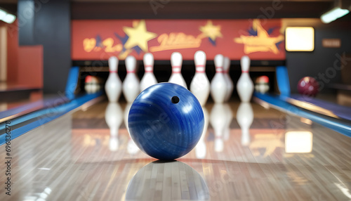 Bowling strike concept. Blue Bowling Ball hits bowling pins.