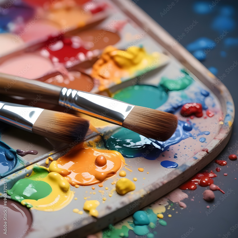 Obraz premium Dirty palette with artist paint brushes on a colored background