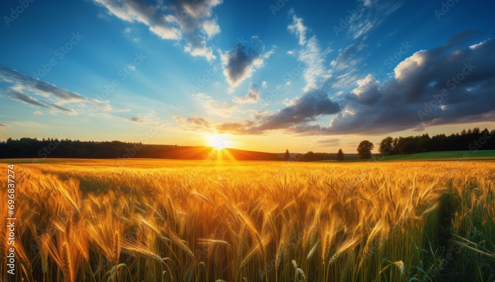 Exquisite sunrise paints serene countryside with vibrant wheat fields and fluffy clouds