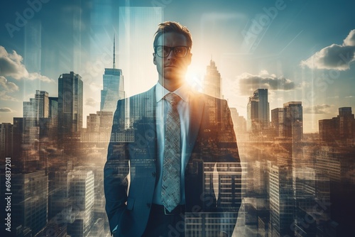 Double exposure of confident businessman and modern cityscape with sunlight. Concept of leadership and success. Toned image double exposure