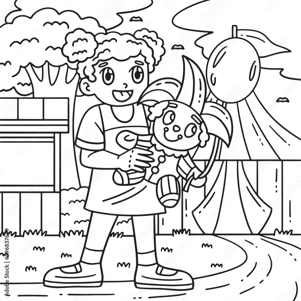 Circus Child with Clown Stuffed Toy Coloring Page 