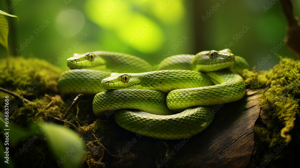 Fototapeta premium Green snakes on the branch, AI Generative.