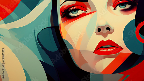Portrait of a beautiful girl with red lips. Beautiful girl's face. Illustration female in pop art style. Woman red lips close-up risographic style. Beautiful girl's face. Can be used as a background.