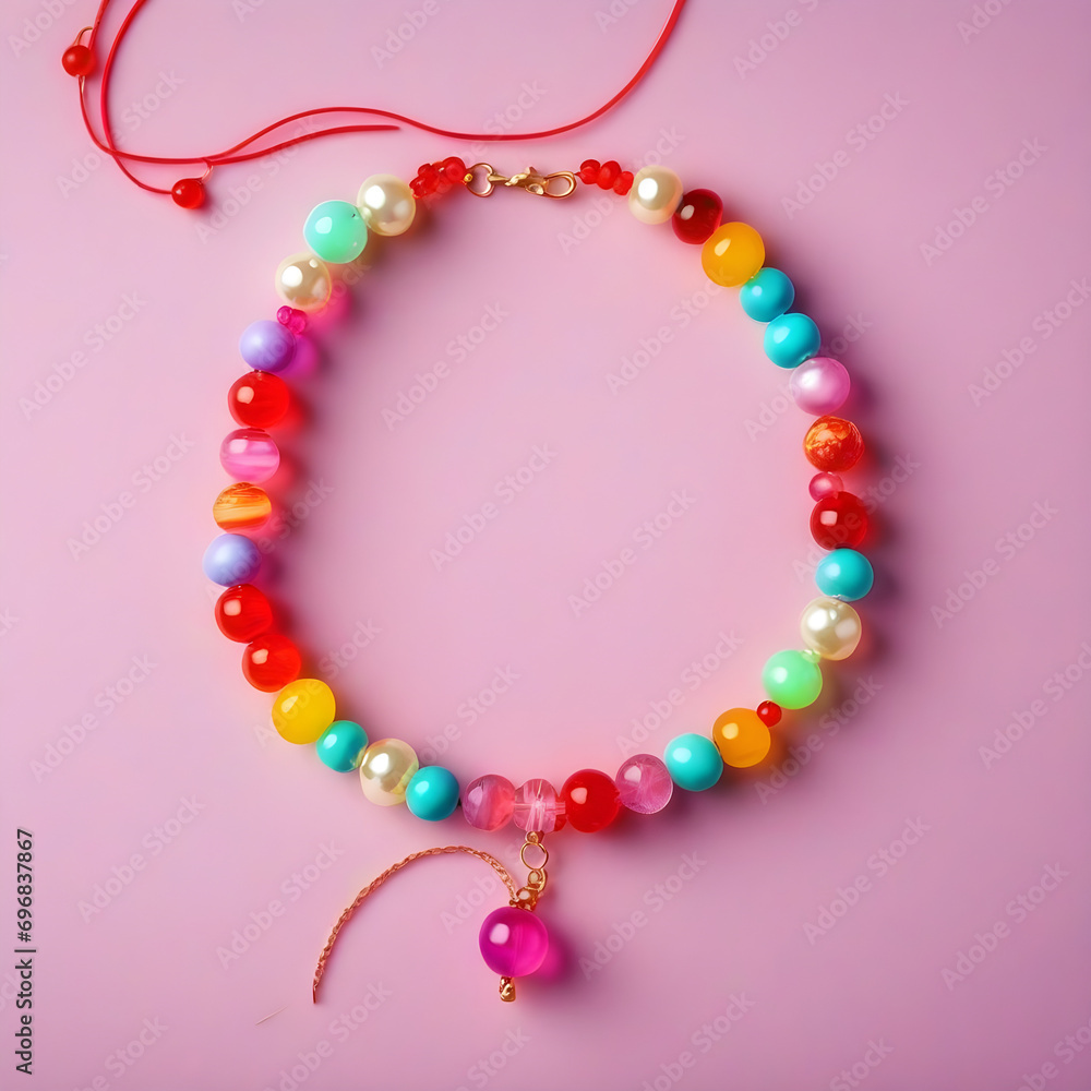 Fototapeta premium Kids handmade beaded jewelry. Necklaces and bracelets made from multicolored beads and pearls. DIY bracelet beads. Children's needlework. Creativity and hobby. Art activity for kids