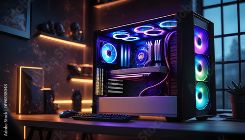 Modern style gaming pc with water cooling and lights.