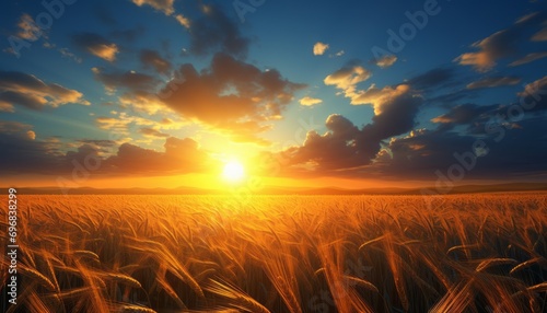 Sunrise over serene countryside vibrant wheat fields and fluffy white clouds on clear blue sky © Ilja