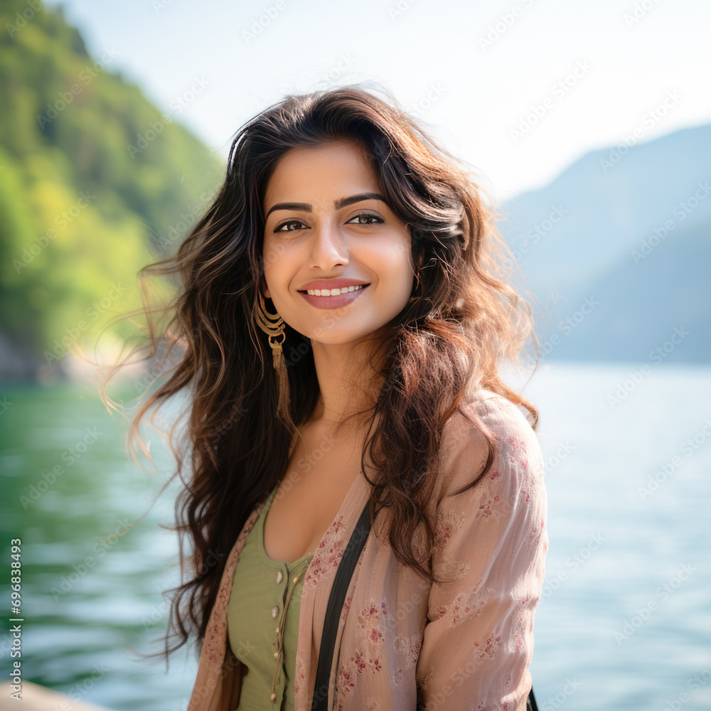 Young indian beautiful woman standing on lake background