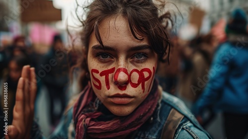 Woman activist with written word on face Stop protesting against social issues photo