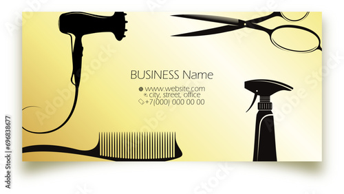 Gold business card for beauty salon, stylist scissors comb hair dryer photo