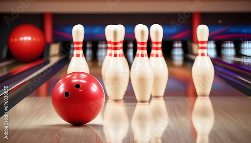 Red Bowling Ball and Bowling pins on bowling alley line. Bowling competition or tournament concept