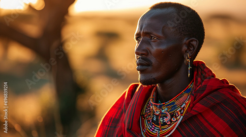African Masai warrior portrait, vibrant red shuka cloth, handcrafted jewelry, dignified expression